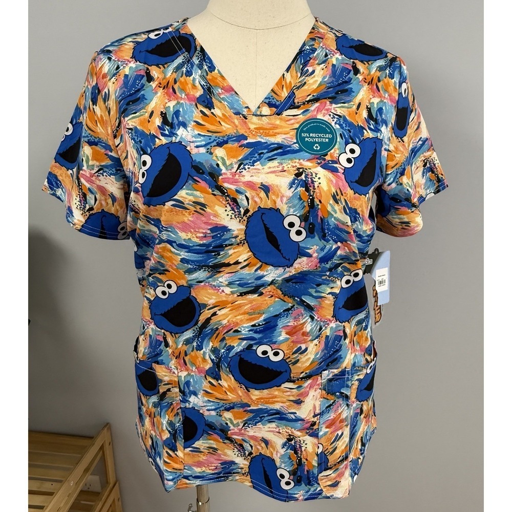 NWT Cookie Monster Cherokee Tooniforms Scrub Top L Sesame Street Scrubs Uniform